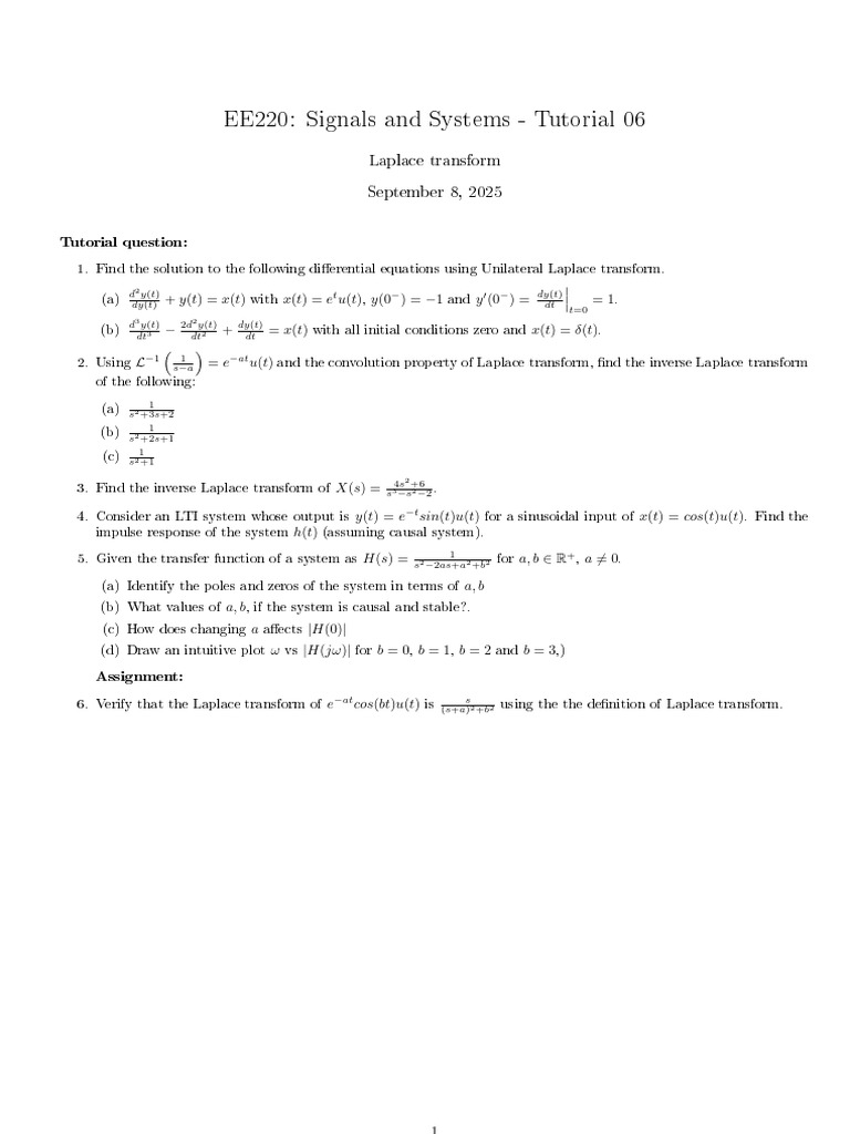EE220: Signals and Systems - Tutorial 06: Laplace Transform September 8 ...