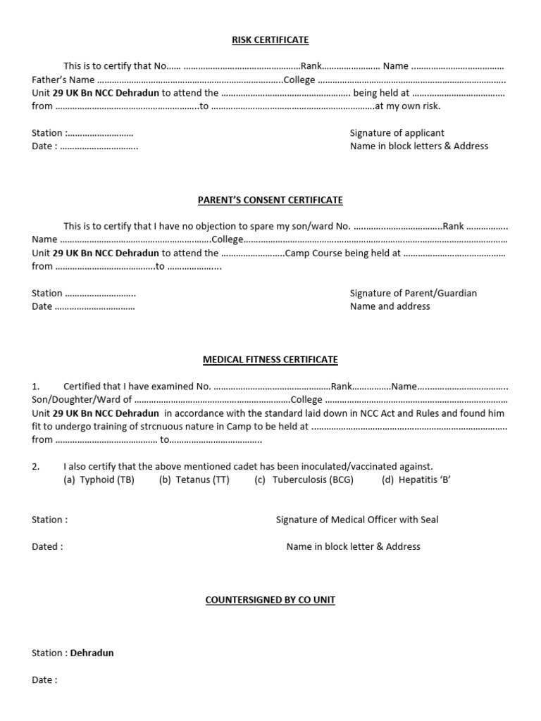 NCC Camp Risk and Consent Certificates | PDF | Pediatrics | Immunology