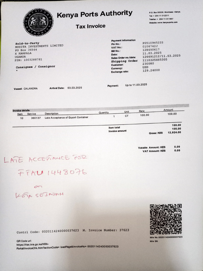 Kenya Ports Authority Invoice Details | PDF | Invoice | Value Added Tax