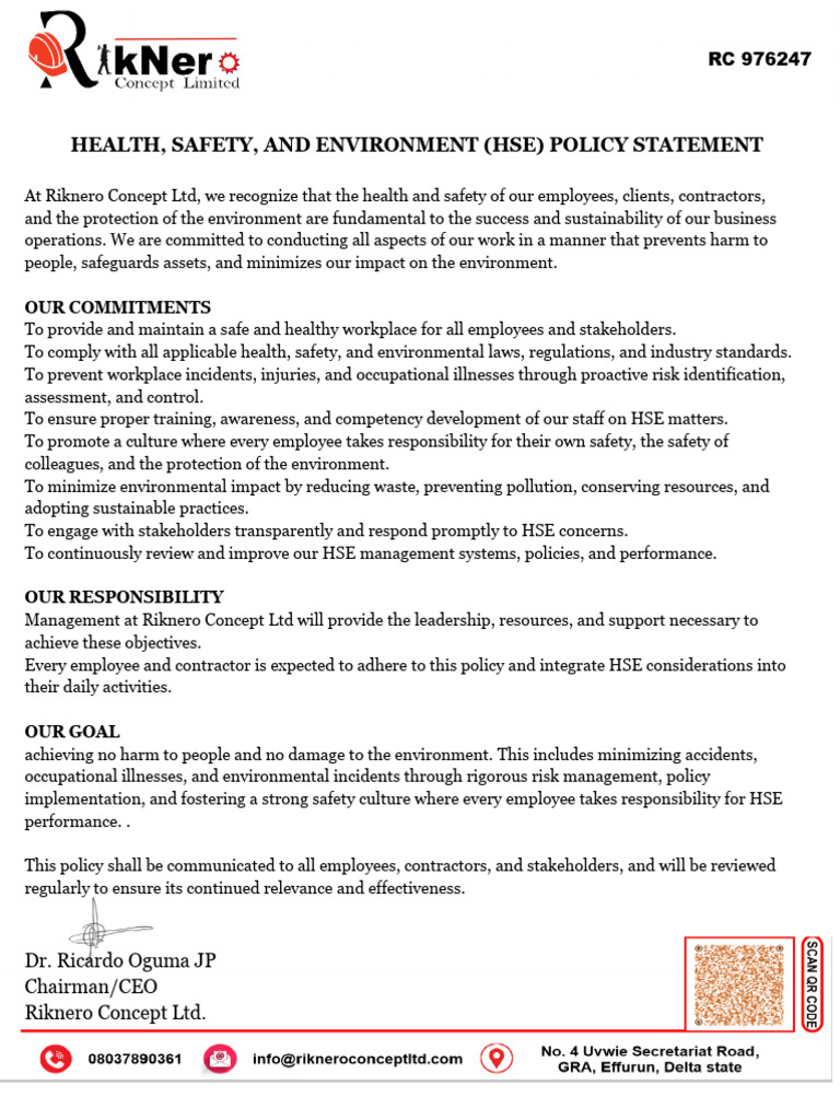 HSE Policy Statement for Riknero Ltd | PDF