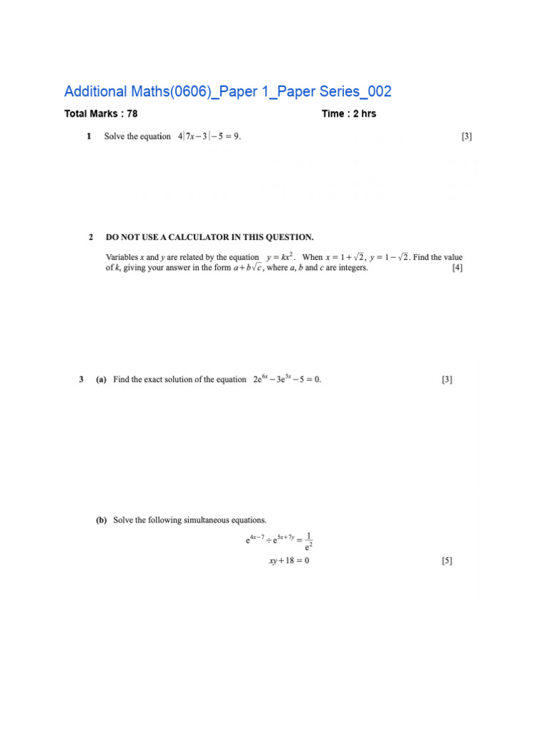 Additional Maths (0606) Paper 1 Paper Series 002 | PDF
