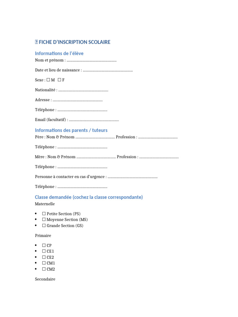 Fiche d'inscription scolaire détaillée | PDF