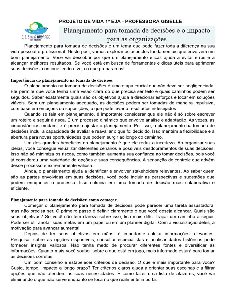 Projeto de Vida 1 Eja | PDF | Planejamento | Tomada de decisões