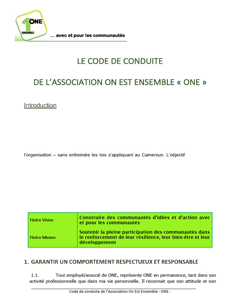Code de conduite de l'Association ONE | PDF | Invalidité ...