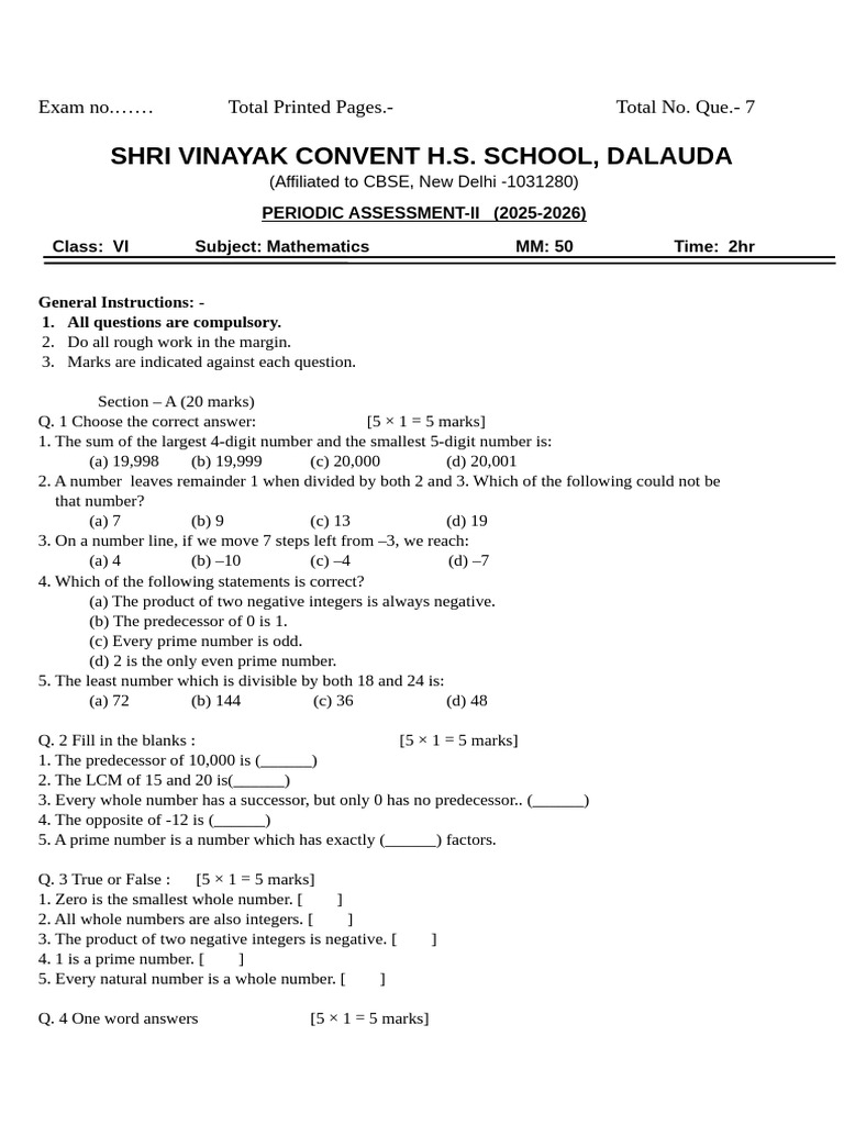 Class VI Mathematics Assessment 2025-26 | PDF | Integer | Numbers
