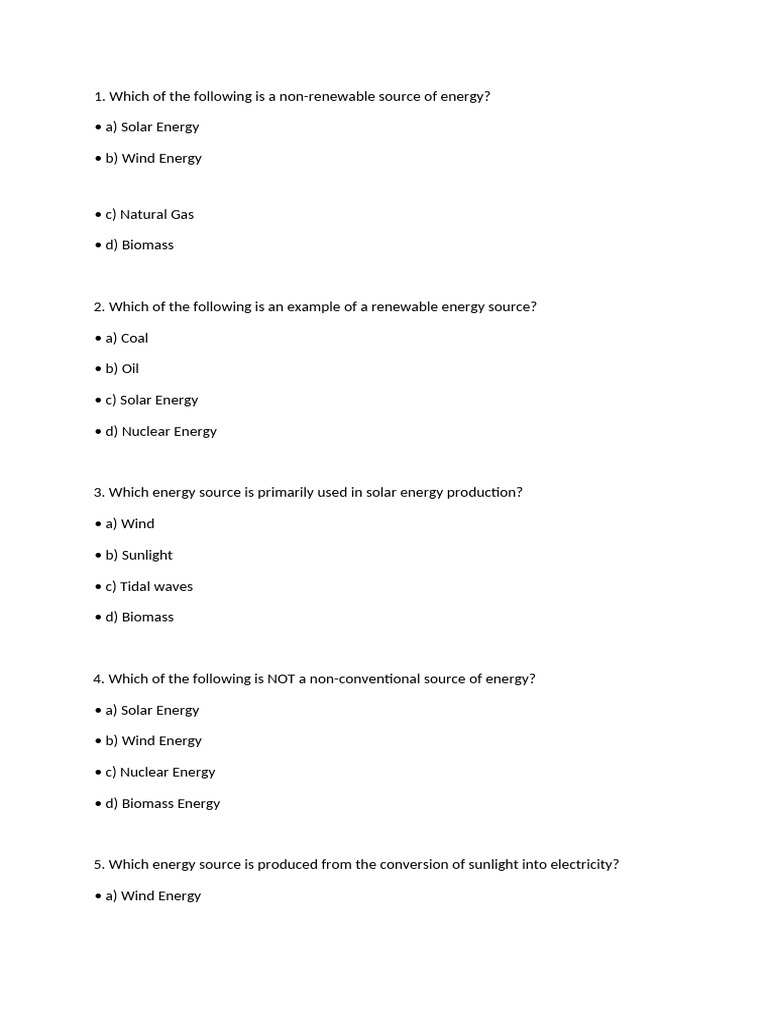Renewable vs Non-Renewable Energy Quiz | PDF | Energy Development ...