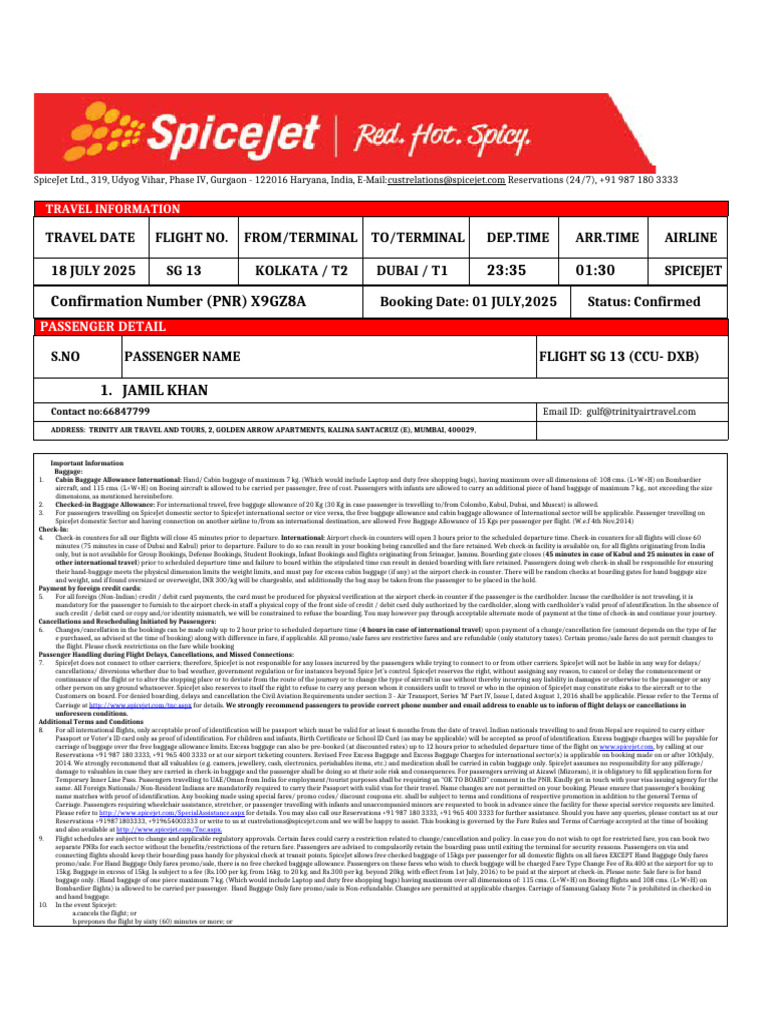 SpiceJet Flight Booking Details | PDF | Identity Document