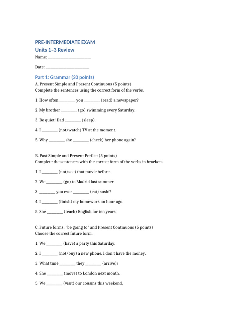Pre-Intermediate Exam Review Guide | PDF | Linguistics | Syntax