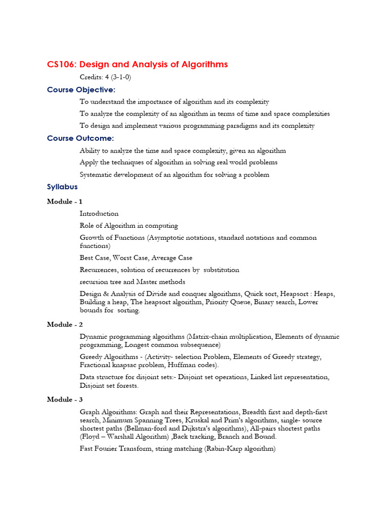CS106: Algorithms Design & Analysis Course | PDF | Computational ...
