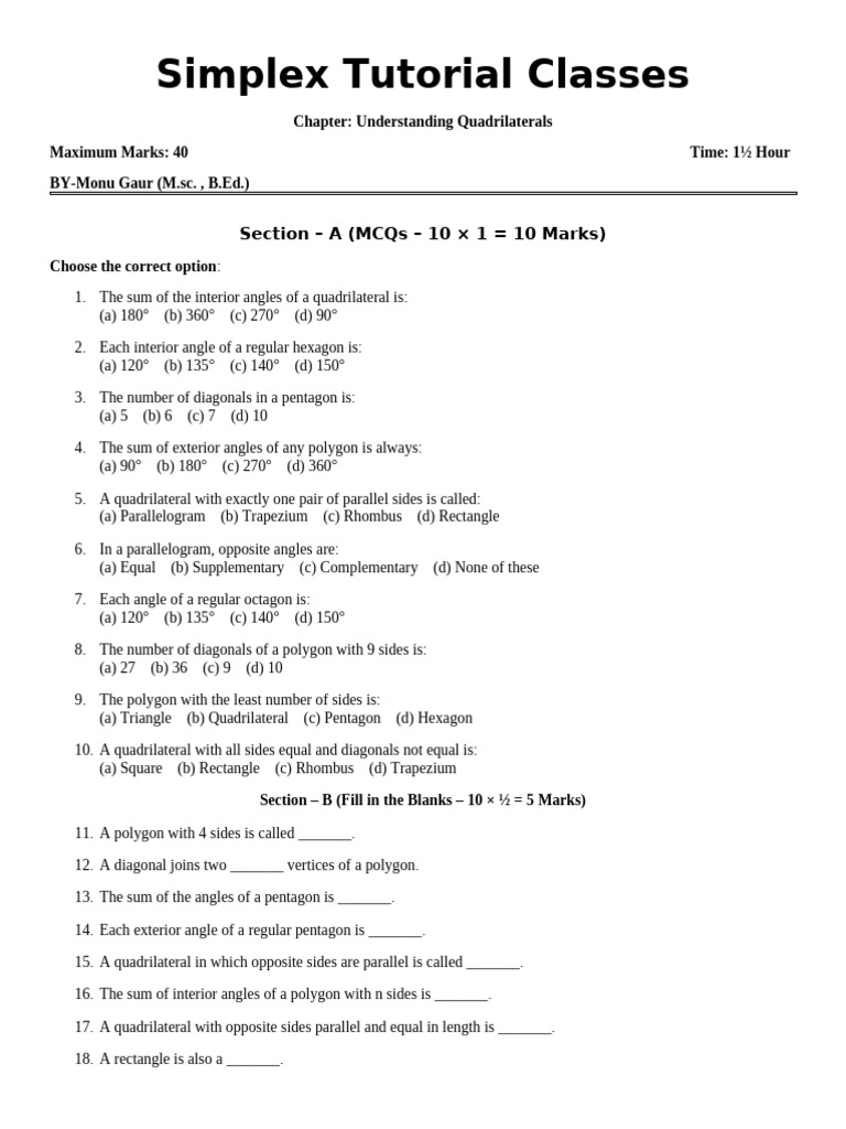 Class 8 Maths: Quadrilaterals Test Paper | PDF | Rectangle | Polytopes