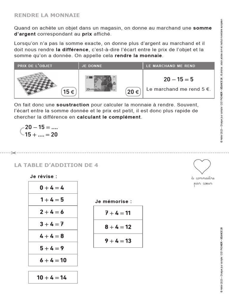 Rendre la monnaie et opérations CE1 | PDF | Polygone