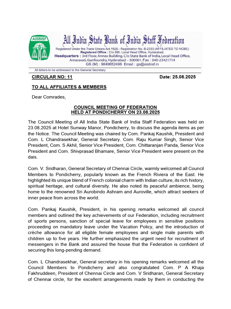 Aisbisf Circular No. 11 Council of Federation Held at Pondicherry On 23 ...