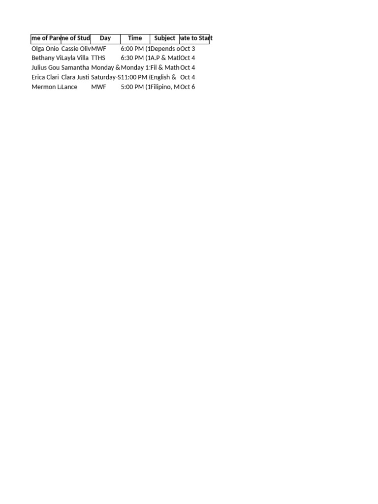 Student Tutoring Schedule Overview | PDF