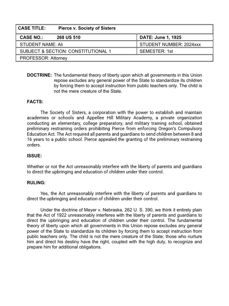 Pierce v. Society of Sisters Ruling Summary | PDF