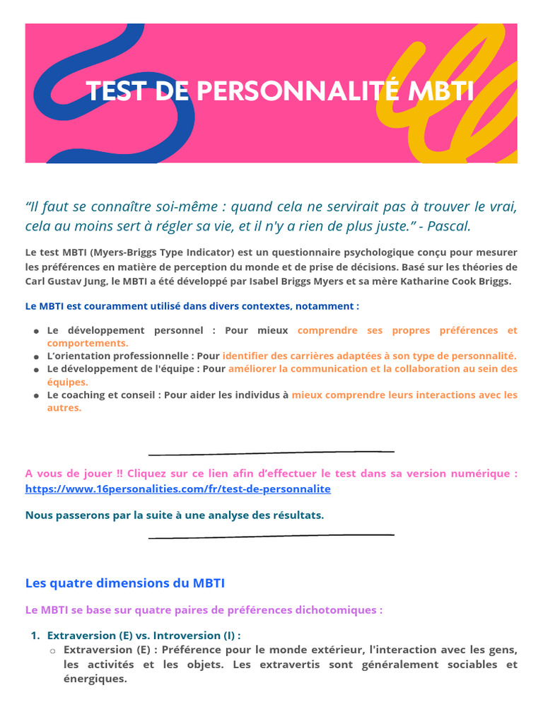 Comprendre le test MBTI et ses types | PDF | Introversion et ...