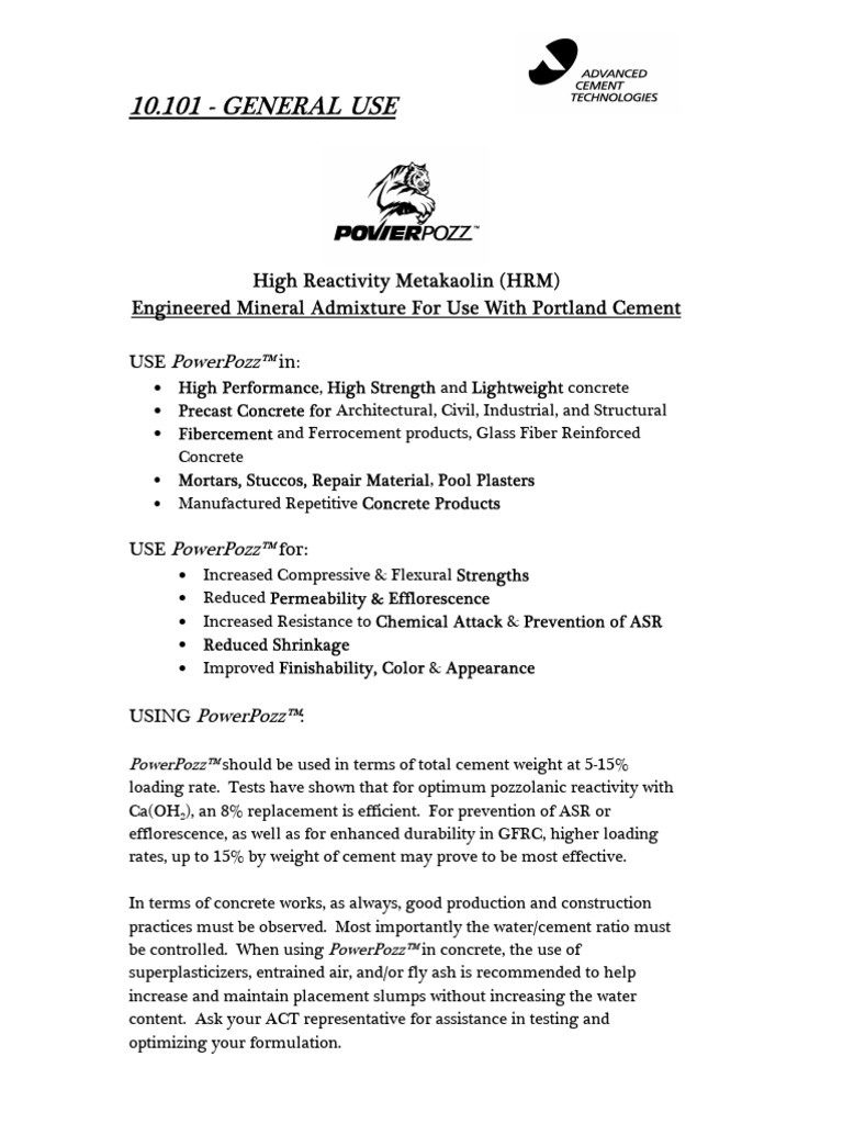 High Reactivity Metakaolin Admixture | PDF | Concrete | Cement