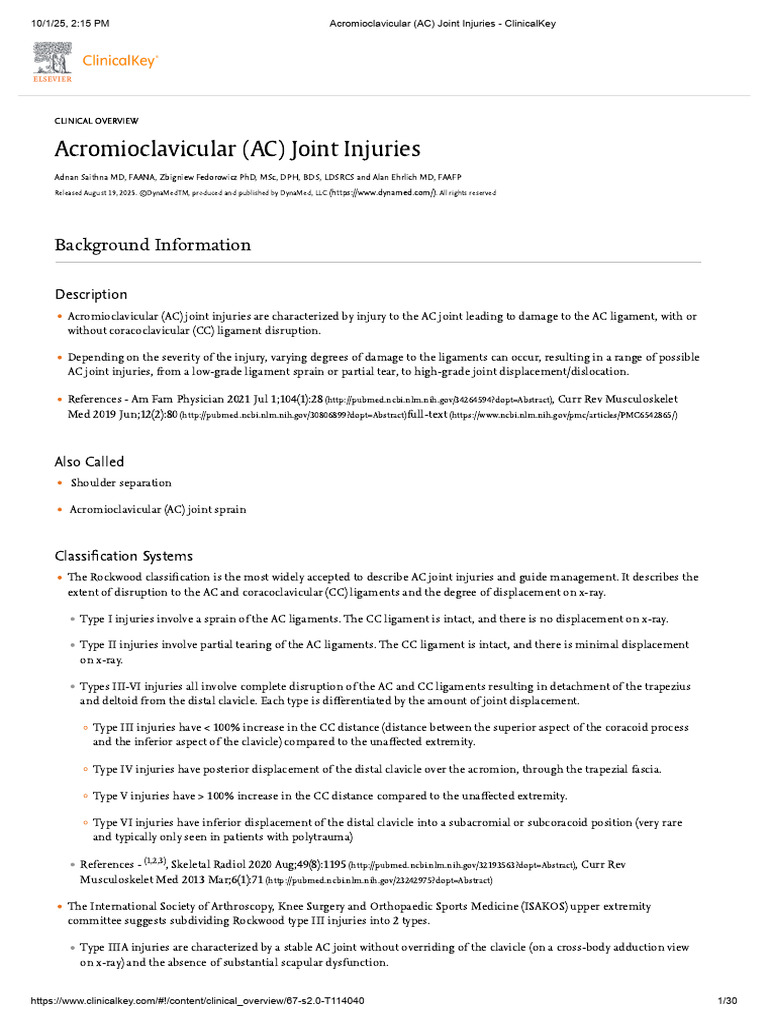 Acromioclavicular (AC) Joint Injuries - ClinicalKey | PDF | Shoulder ...