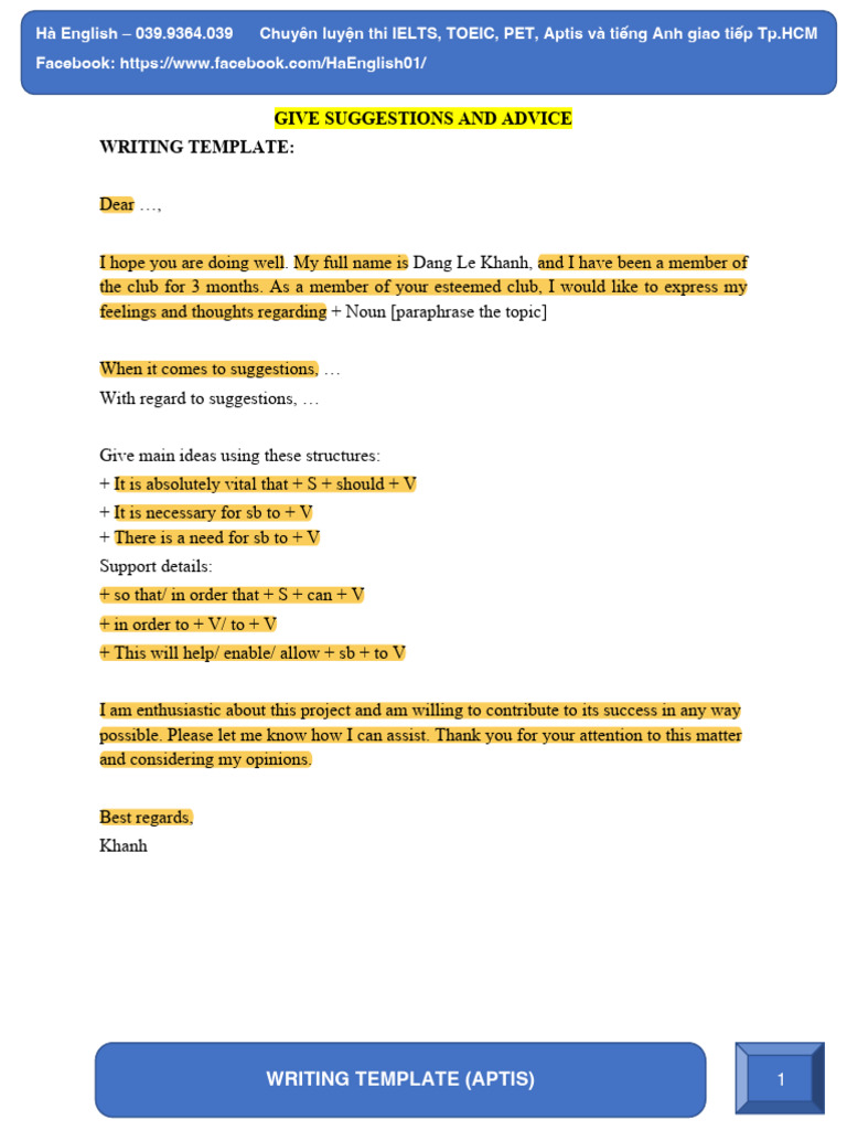 APTIS Writing Templates for Suggestions | PDF | Human Communication