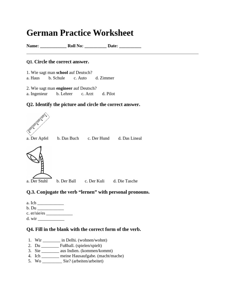 Class 5 German Practice Worksheet | PDF