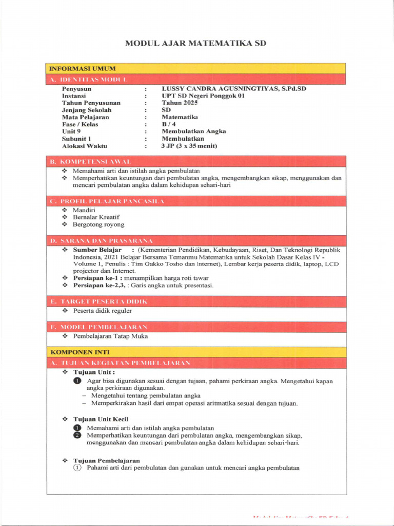 Modul Ajar Matematika Kelas 4 - Semester 2 - Lussy Candra A | PDF