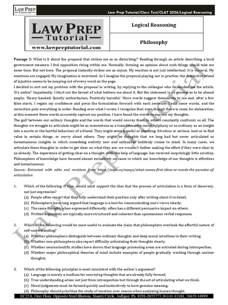 CLAT 2026 Logical Reasoning Insights | PDF | Thought | Humanities