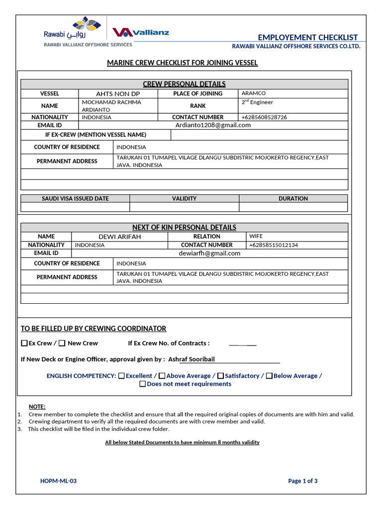 Marine Crew Employment Checklist | PDF | Shipping