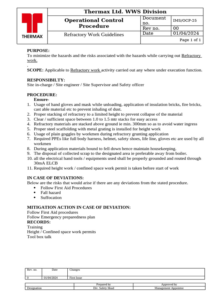 Refractory Work Safety Guidelines OCP-25 | PDF | Refractory | Safety