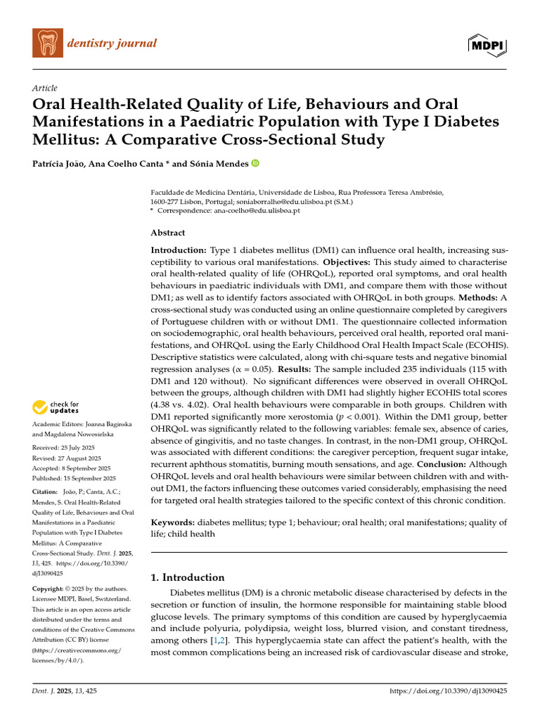 Oral Health Quality of Life in Diabetic Kids | PDF | Medical ...
