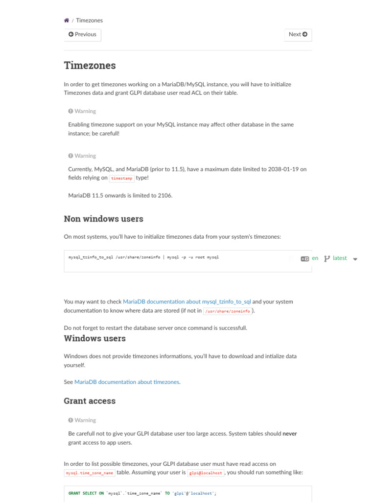 Timezones - GLPI Documentation | PDF