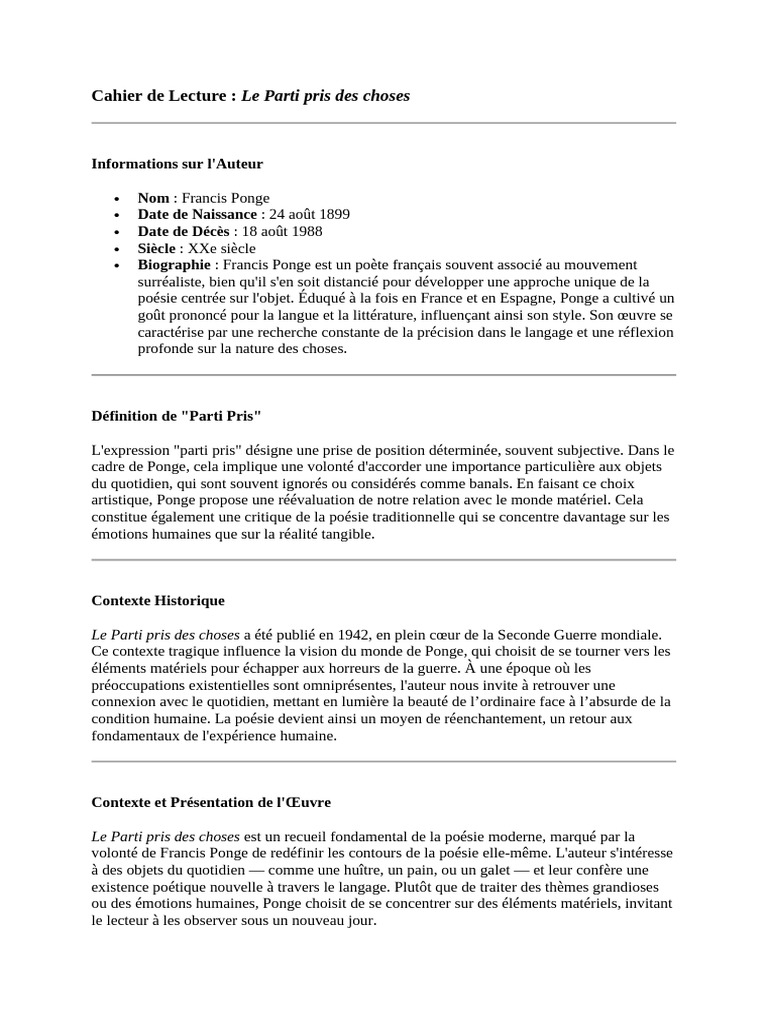 Analyse du Parti pris des choses de Ponge | PDF | Poésie | Beauté