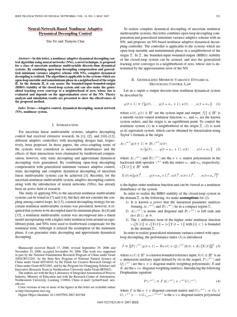 Nonlinear Adaptive Control with NNs | PDF | Nonlinear System | Control ...