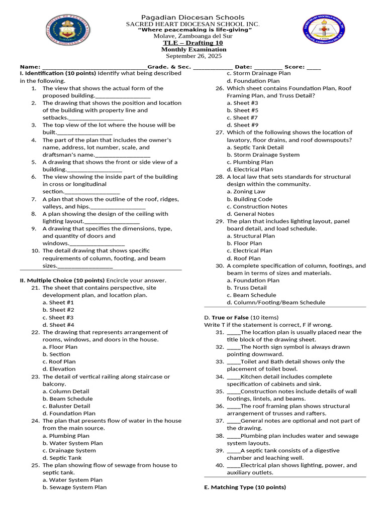 Drafting Exam for TLE 10 Students | PDF | Framing (Construction ...