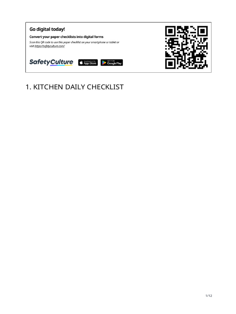 Kitchen Daily Safety Checklist | PDF | Food Storage | Hygiene