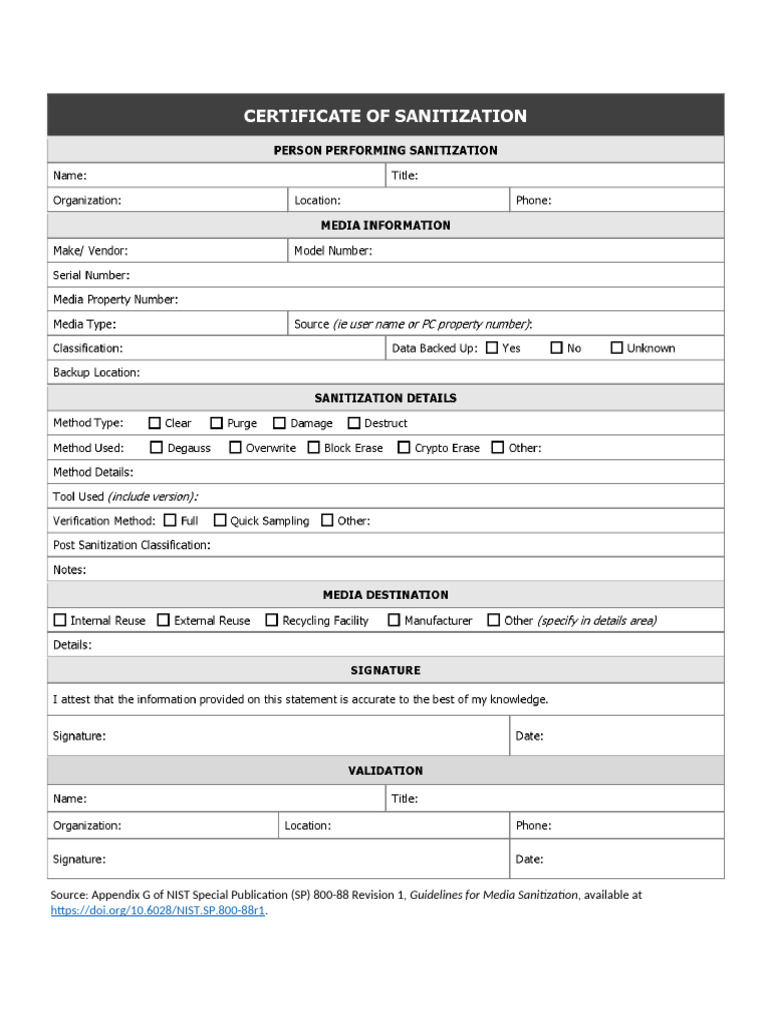 Sample Certificate of Sanitization Form | PDF