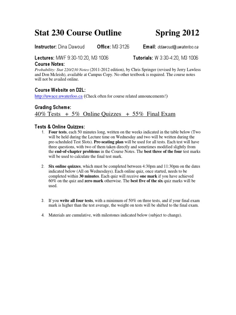 Stat 230 Course Outline - Spring 2012 | PDF | Academic Integrity | Quiz