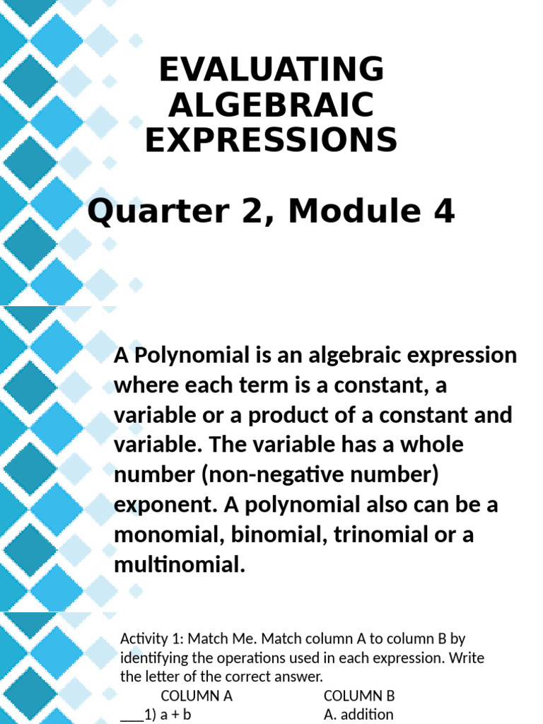 EVALUATING ALGEBRAIC EXPRESSIONS-g7 (Autosaved) | PDF | Polynomial ...