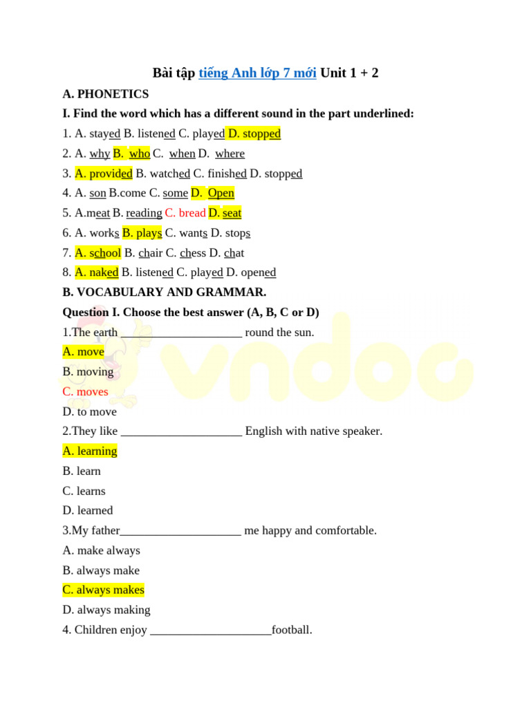 Bai Tap Tieng Anh Lop 7 Unit 1 2 3 | PDF