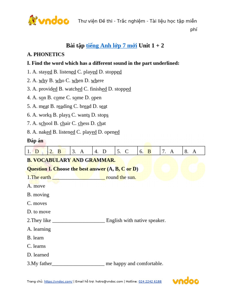 Bai Tap Tieng Anh Lop 7 Thi Diem Unit 1 2 3 | PDF