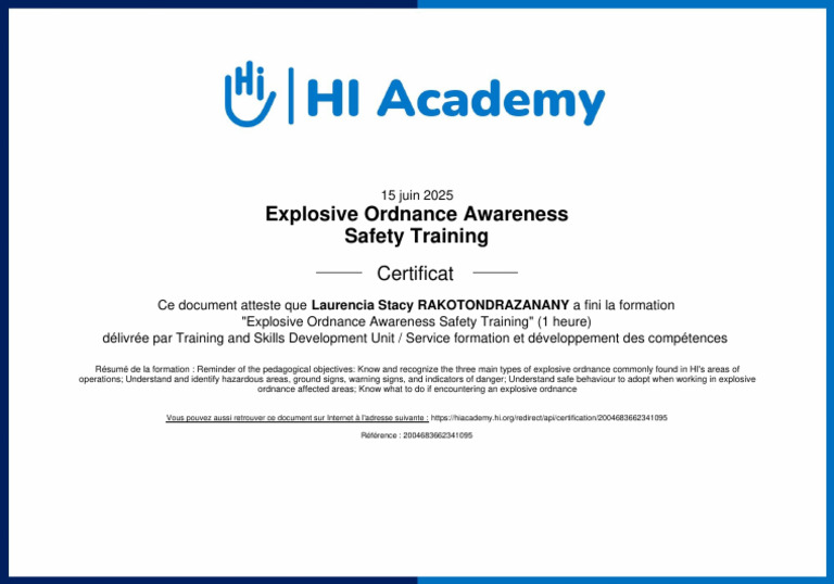 Explosive Ordnance Awareness Certificate | PDF