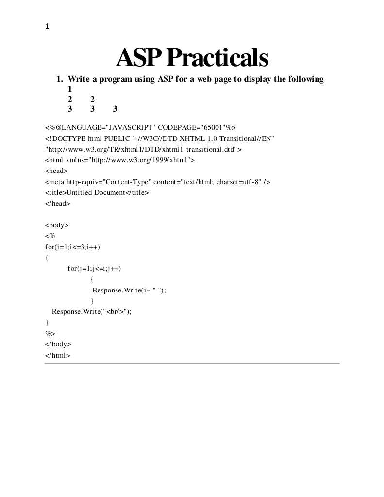 ASP Practicals: 1. Write A Program Using ASP For A Web Page To Display ...