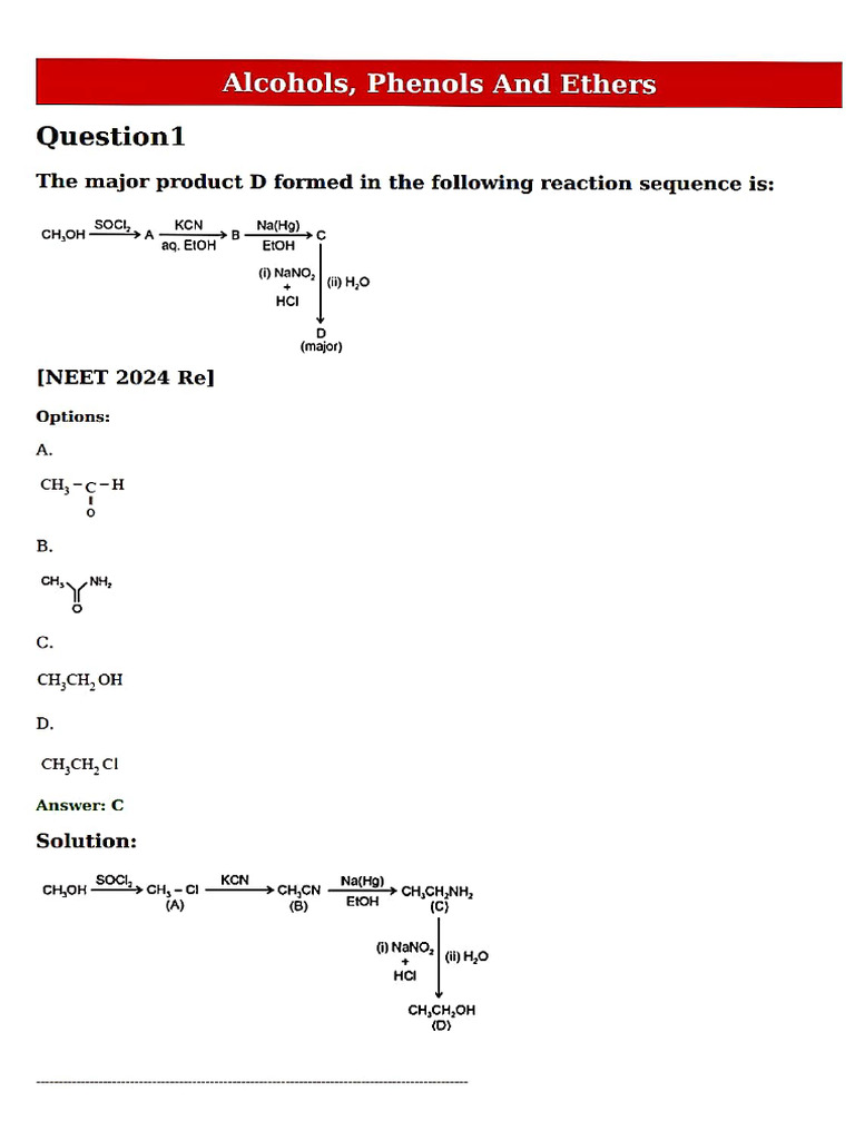 PYQ of NEET 2023,2024,2025 (Alcohol Phenol & Ether) | PDF