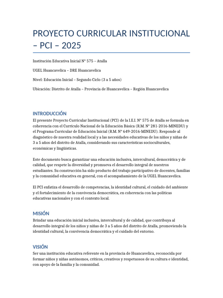 Proyecto Curricular I.E.I. N° 575 Atalla 2025 | PDF | Educación de la ...
