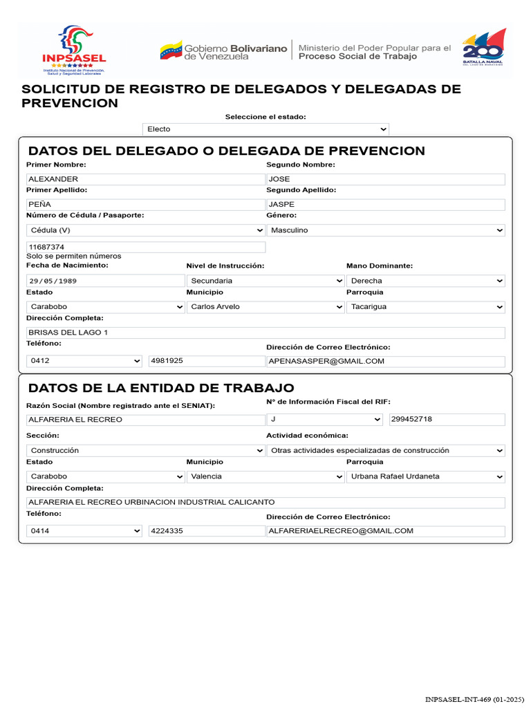 Solicitud de Registro de Delegados y Delegadas de Prevencion ALEXANDER ...