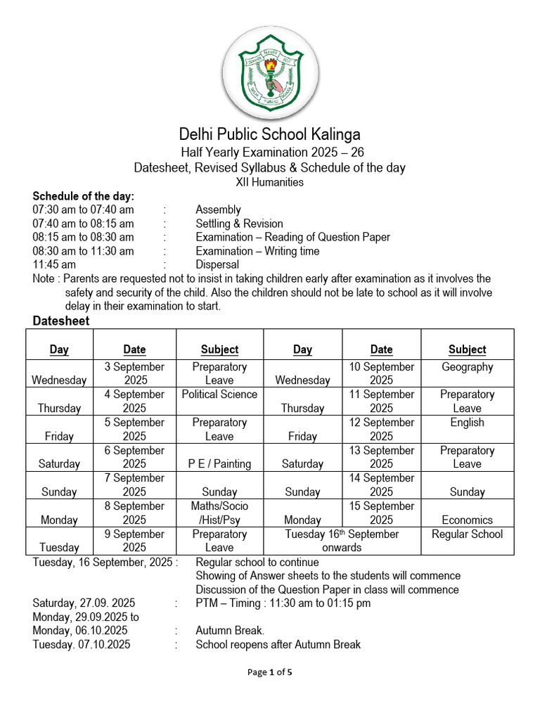 12th Half Yearly Exam Schedule 2025-26 | PDF