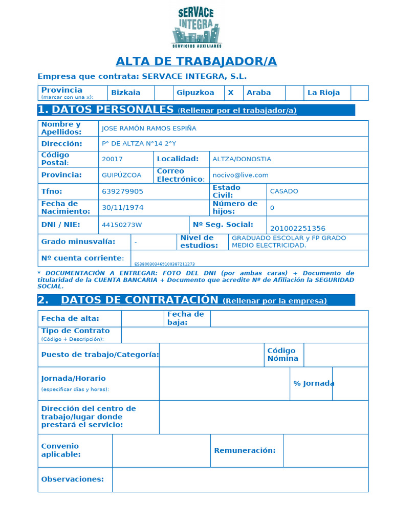 Alta de Trabajador en SERVACE INTEGRA | PDF
