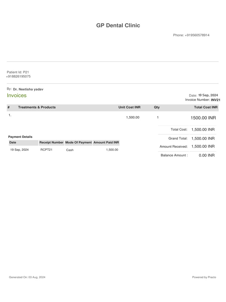 Dental Invoice for Ultrasonic Cleaning | PDF