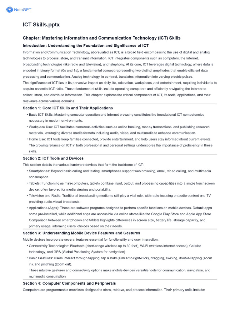 NoteGPT Summary ICT Skills | PDF