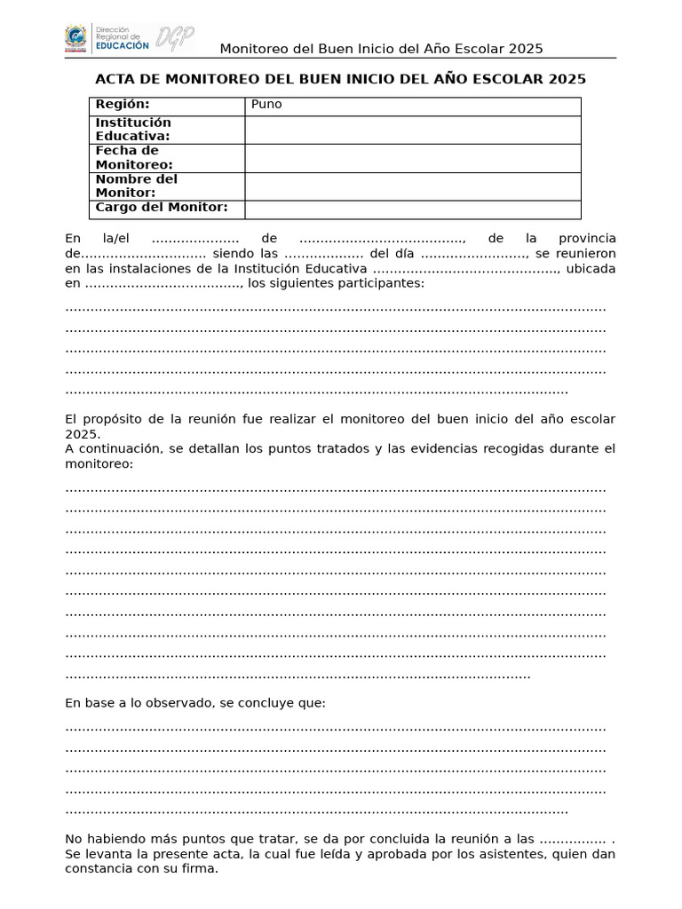Instrumento - Acta - Monitoreo Del Buen Inicio Del Año Escolar 2025 | PDF