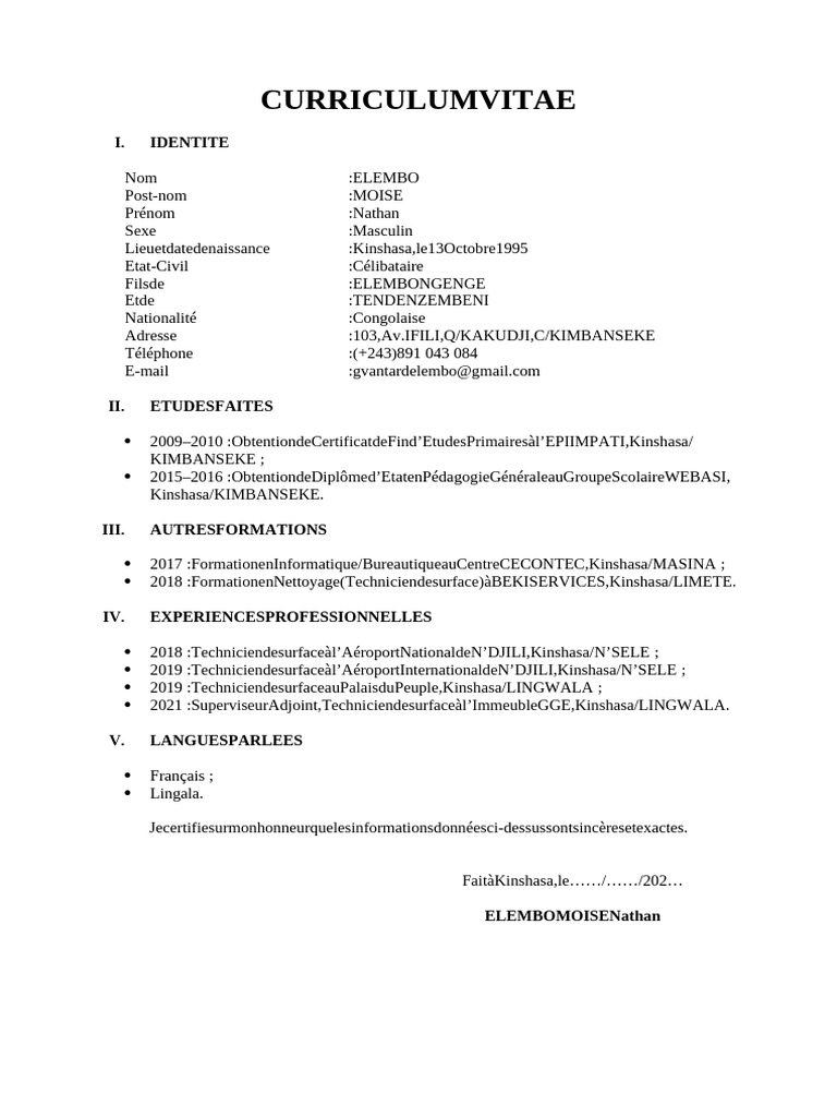 CV de Nathan Elembo - Profil Professionnel | PDF