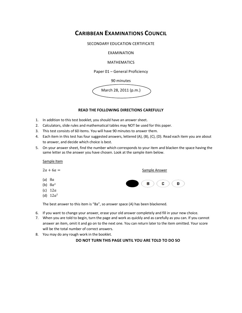60126499 CXC Maths Mock Paper 1 2011 With Answers ...